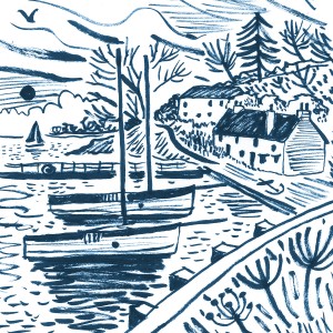 Sketch of Restronguet Creek with the Pandora Inn and Falmouth working boats moored up. Print design by Matt Johnson for Seasalt Cornwall.