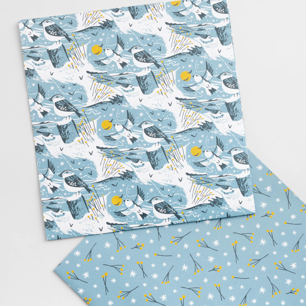 Snow buntings illustrated wrapping paper by Matt Johnson for Seasalt Cornwall
