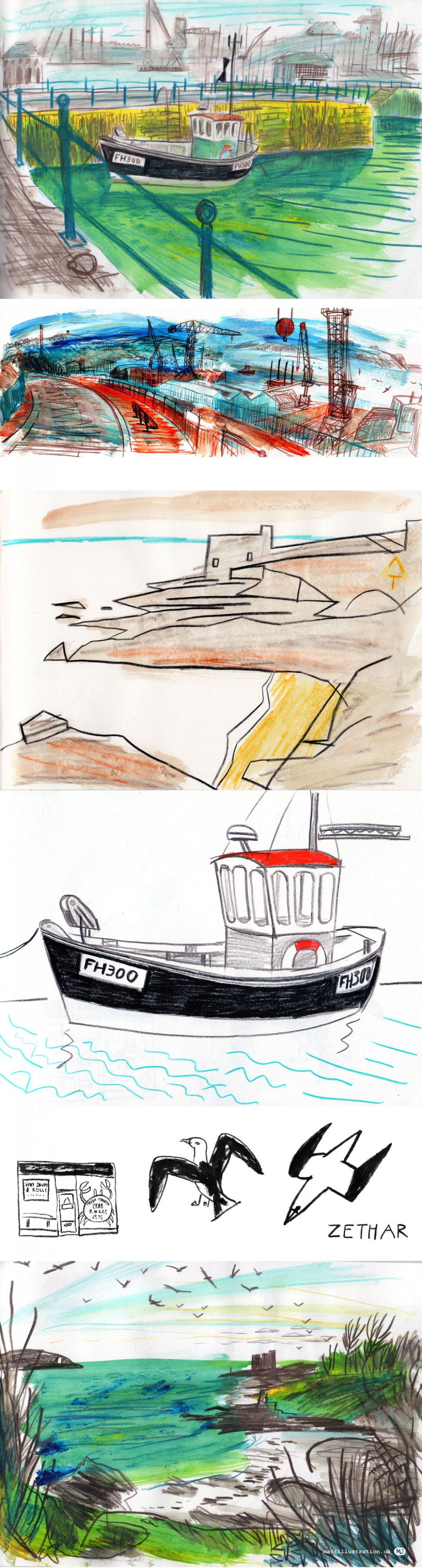 Sketches of Falmouth Harbour, docks and fishing boats