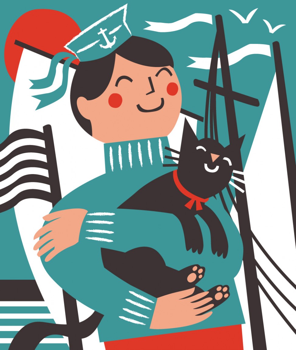 Ships cat and sailor nautical illustration by Matt Johnson for Seasalt Cornwall