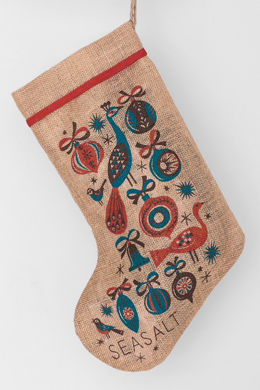 Christmas stocking with vintage style birds and baubles print by Matt Johnson for Seasalt Cornwall