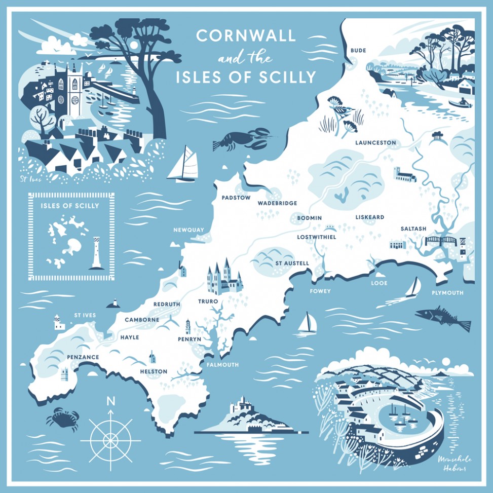 Illustrated map of Cornwall scarf by Matt Johnson for Seasalt