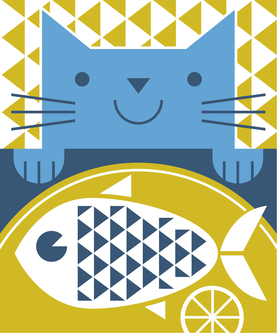 Hungry cat and fish geometric illustration. By Matt johnson for Seasalt Cornwall jute bag.