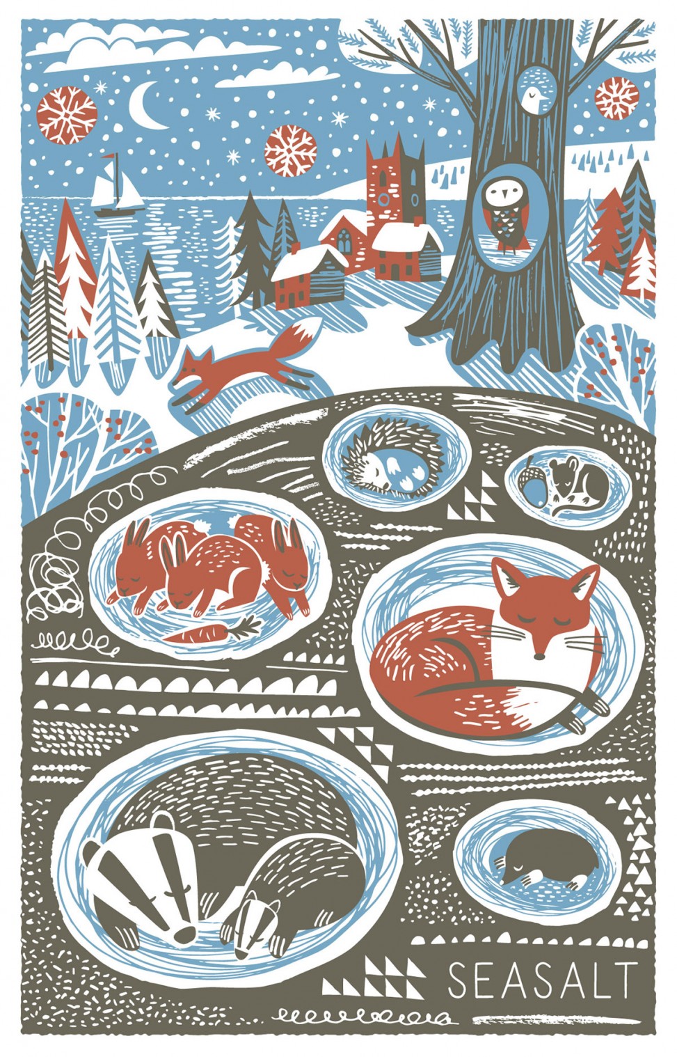 Winter burrows christmas tea towel print by Matt Johnson for Seasalt Cornwall