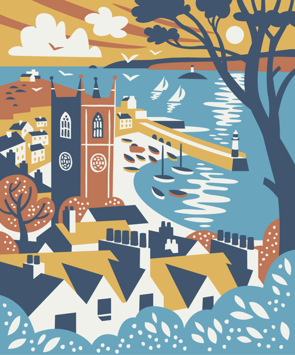 Illustration of St Ives rooftops with Harbour and Godrevy Lighthouse in the distance. Print design by Matt Johnson for a Seasalt Cornwall tote bag.
