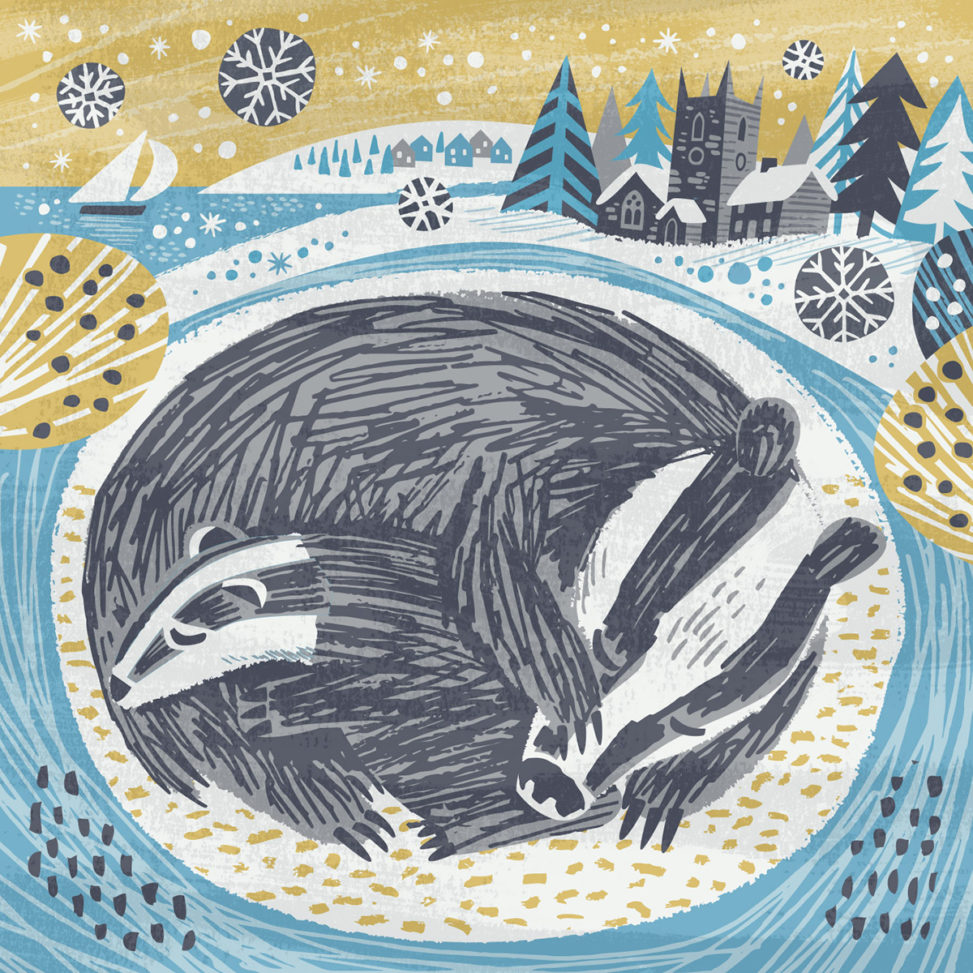 Snoozing badgers Christmas greeting card illustration by Matt Johnson