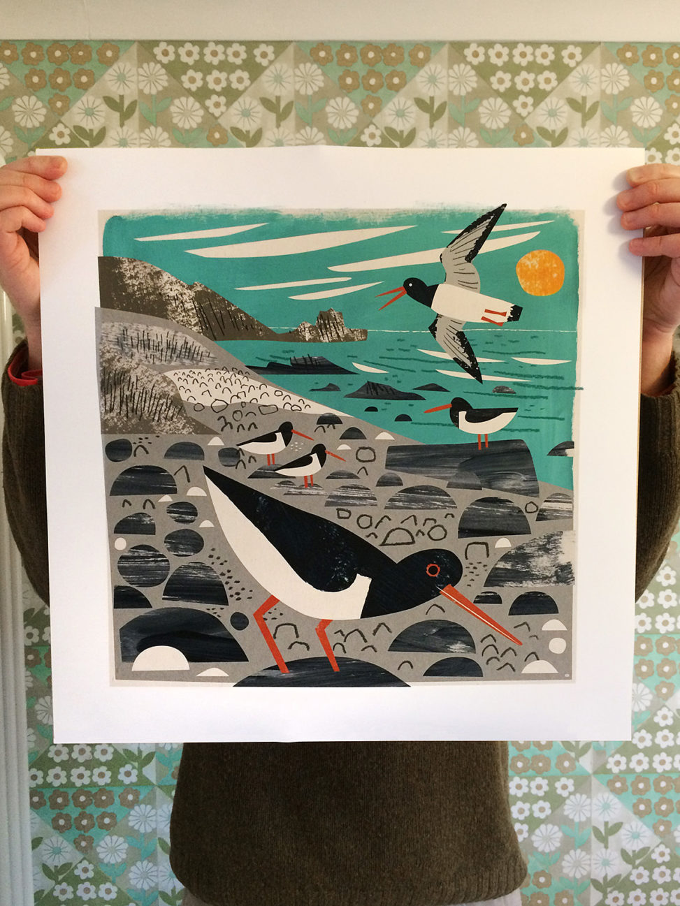 St Loy Cove pystercatchers, Cornwall art print by Matt Johnson