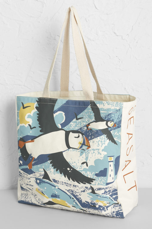 Puffins and Dolphins beach bag - print designed by Matt Johnson for Seasalt Cornwall