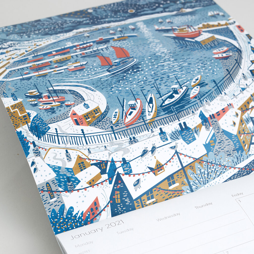 Seasalt Cornwall calendar 2021 - Newlyn Harbour in the snow illustration