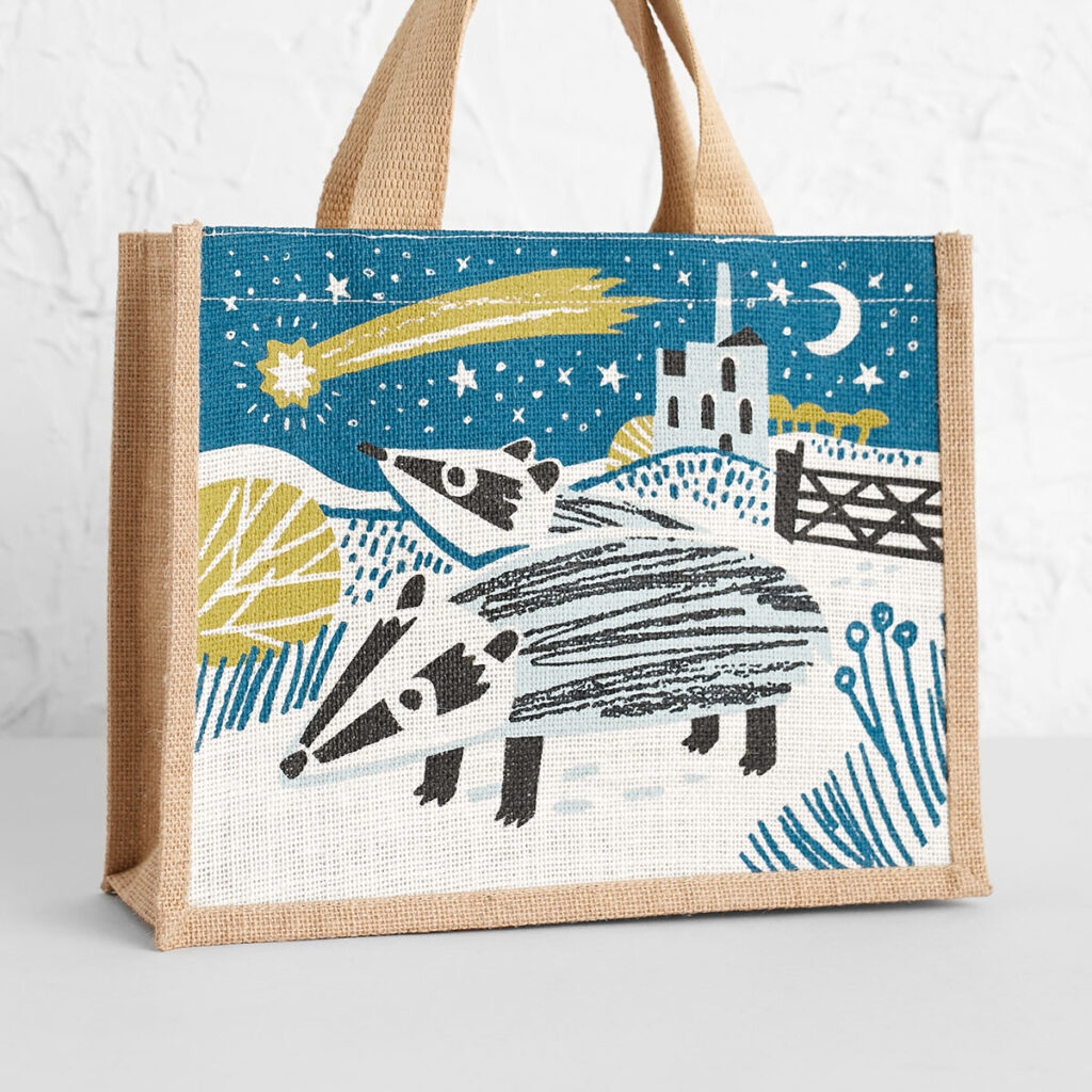 Badgers comet Christmas jute tote bag by Matt Johnson
