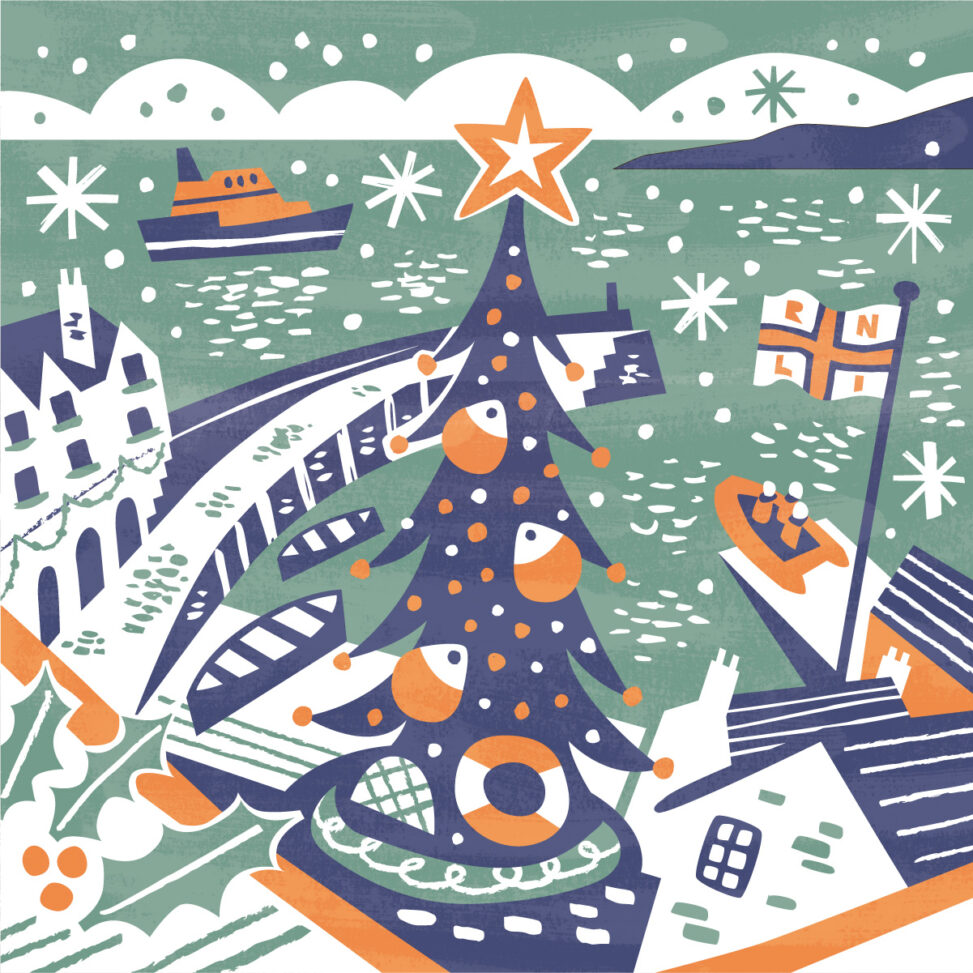 Clovelly Harbour RNLI Christmas illustration by Matt Johnson