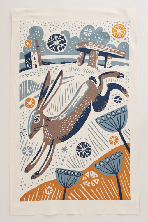 Lanyon Quoit winter hare - Cornwall tea towel print by Matt Johnson