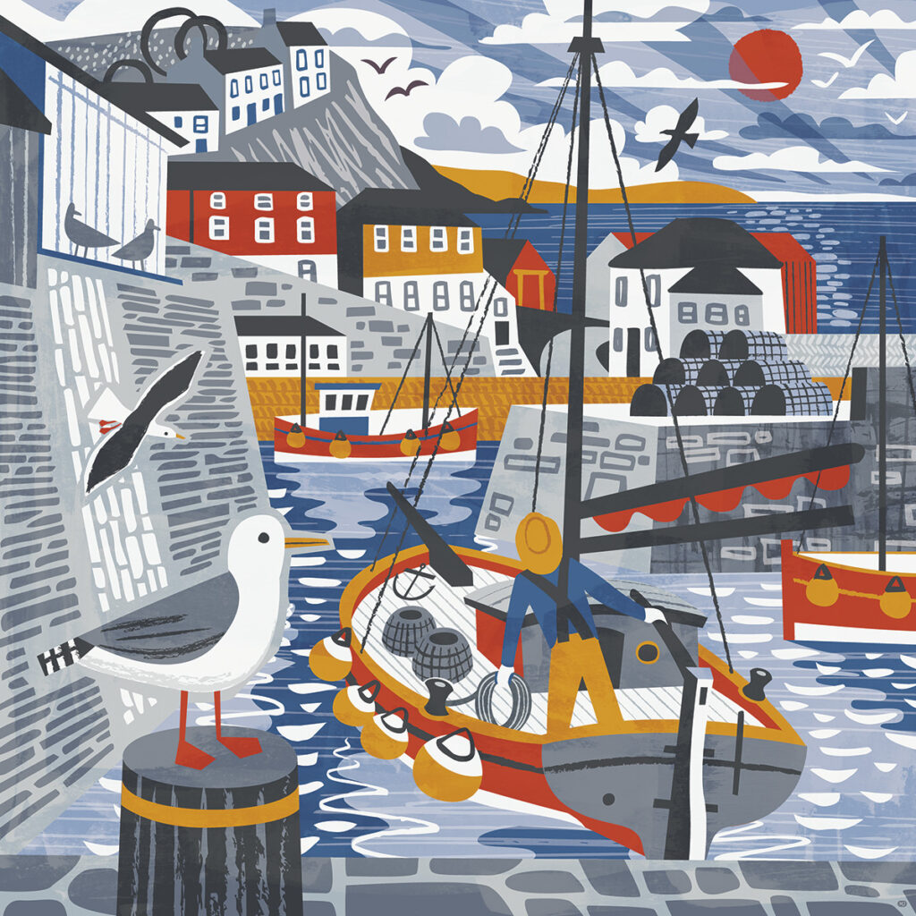 Mevagissey Harbour illustration by Matt Johnson for Seasalt Cornwall