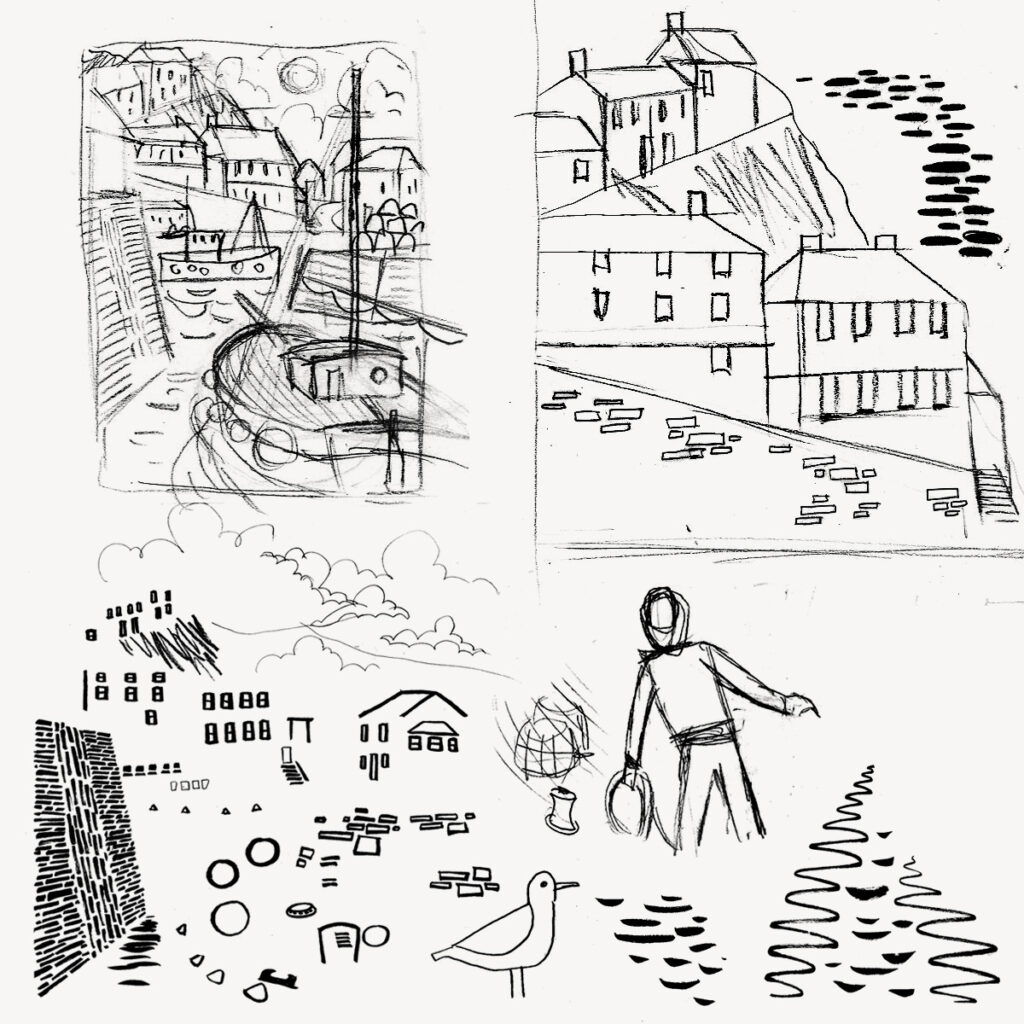 Mevagissey Harbour illustration - rough preparatory sketches by Matt Johnson