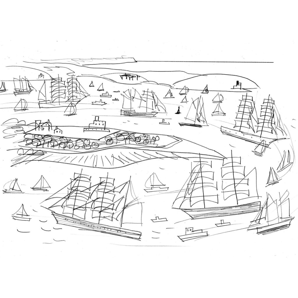 Falmouth Tall Ships illustration sketch by Matt Johnson for Seasalt Cornwall