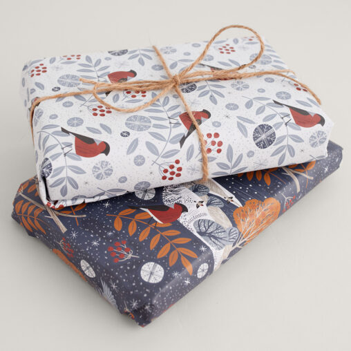 Bullfinches and rowan Christmas wrapping paper by Matt Johnson