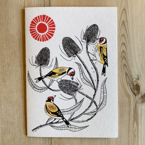 Goldfinch Teasels Greeting Card by Matt Johnson - Riso print on recycled card - printed in Cornwall