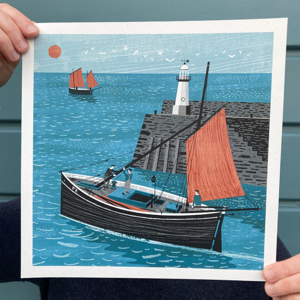 Sailing lugger leaving harbour art print by Matt Johnson