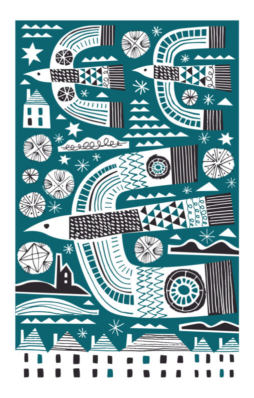 Collage bird mid-century style tea towel print design by Matt Johnson