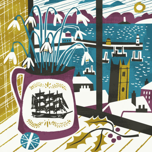 Christmas illustration of windowsill with vase of snowdrops and view of St Ives Harbour by Matt Johnson for Seasalt Cornwall